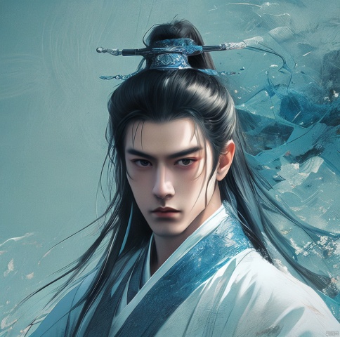  masterpiece, best quality, ultra high res, (extreme detailed), (1 handsome guy), (abstract art:1.4)visually stunning, beautiful, evocative, emotional, ((white background)), blue theme, Light master, (\meng ze\)，Dragon Robe Top，Masculinity，National Character Face