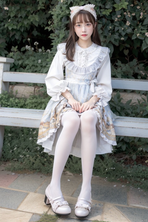  1girl,(lolanse_style dress:1.2),pantyhose, long hair, white footwear, brown hair, shoes, full body, glasses, box, hair ornament, high heels, black hair,lolita fashion, outdoors, white pantyhose,bangs, platform footwear, blush, see-through, ribbon, long sleeves,look at viewer,full body camera, ( figma:0.8)