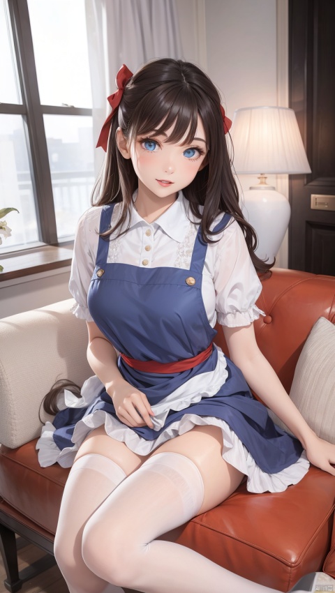  1girl, long wavy hair, blue eyes, thighhighs, looking at viewer, white thighhighs, sitting, bow, , dress, cherry, hair bow, blush, food, lips, apron, indoors, bangs, short sleevesblue dress, parted lips, facial mark, short hair, lace, smile, frills,holding, flower,skirt, , puffy short sleeves, ribbon, lace trim