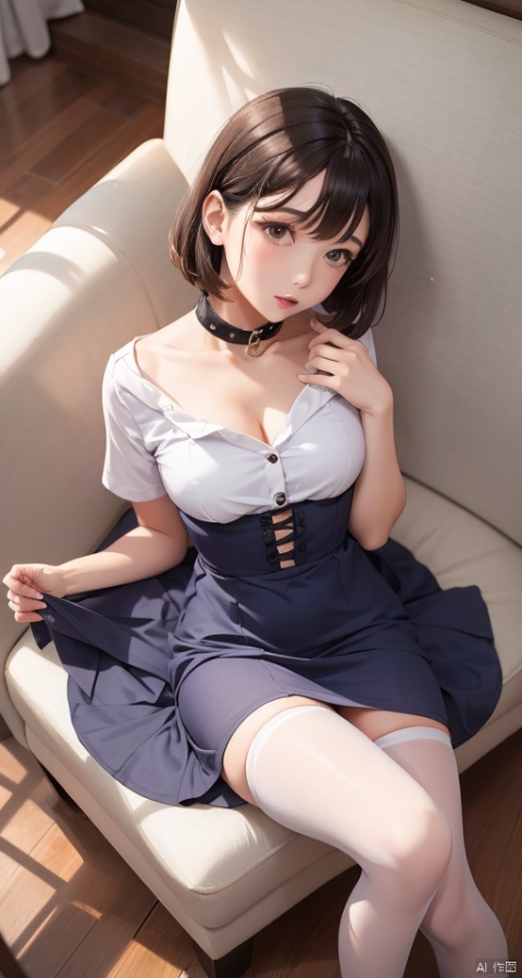  1girl,short wavy hair,parted_lips,bangs,collarbone,Wearing collar shirt,dress,lolanse style dress,wearing stockings,from above