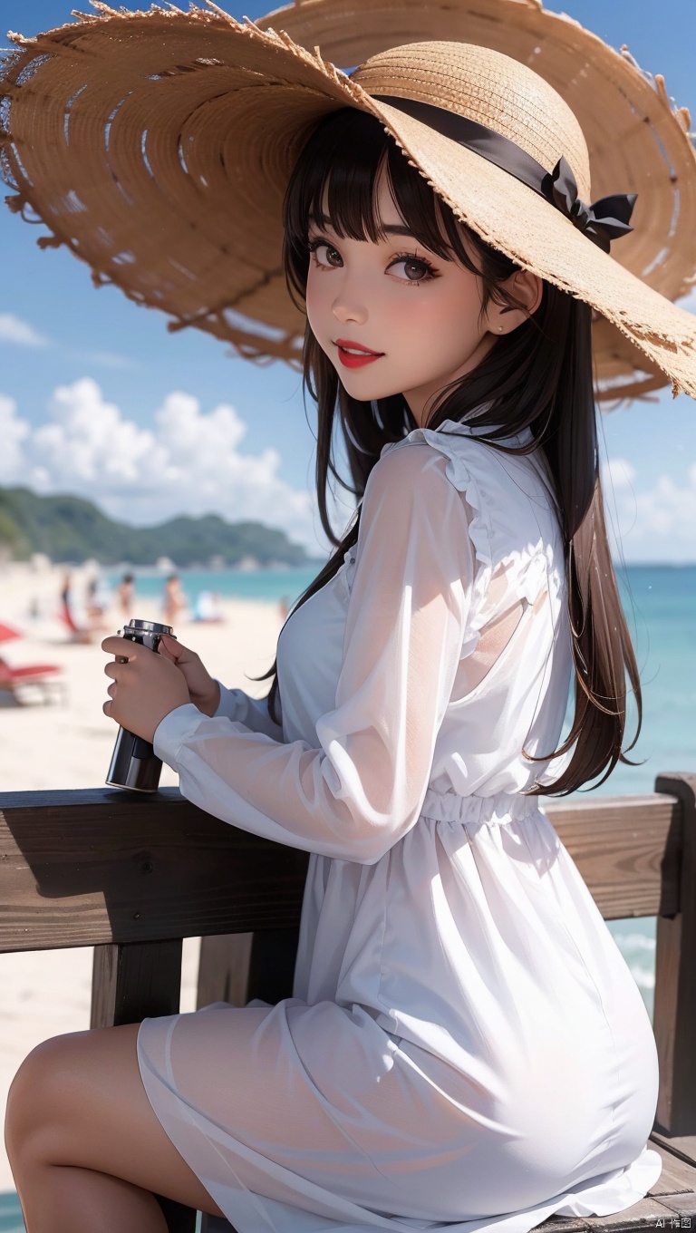  1girl, hat, long hair, solo, outdoors, black hair, dress, white dress, sun hat, looking at viewer, day, black eyes, chair, beach, ocean, blurry, smile, parted lips, dutch angle, straw hat, lipstick, bangs, standing, from side, makeup, water, scenery, sky, teeth, red lips, lips, brown eyes, blurry background, holding, depth of field, sitting, realistic, looking to the side, long sleeves, railing, pale skin, looking back, shore, leaning forward, sundress, breasts, blunt bangs, brown hair, umbrella
