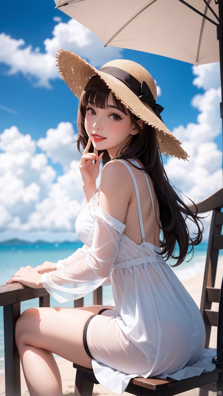  1girl, hat, long hair, solo, outdoors, black hair, dress, white dress, sun hat, looking at viewer, day, black eyes, chair, beach, ocean, blurry, smile, parted lips, dutch angle, straw hat, lipstick, bangs, standing, from side, makeup, water, scenery, sky, teeth, red lips, lips, brown eyes, blurry background, holding, depth of field, sitting, realistic, looking to the side, long sleeves, railing, pale skin, looking back, shore, leaning forward, sundress, breasts, blunt bangs, see-through, brown hair, umbrella