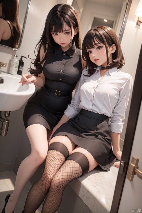  2girls,short wavy hair, lips, shirt, dress, stockings,parted_lips, bangs, Wearing collar shirt,dress, (lolanse style dress), fishnet stockings, lying,bathroom