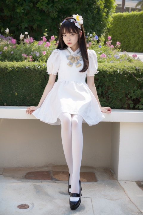  lolanse, 1girl named aki, 1girl, solo, dress, sitting, white dress, pantyhose, long hair, white footwear, brown hair, shoes, , full body, glasses, box, hair ornament, high heels, black hair, flower, bow, lolita fashion, hair flower, outdoors, good limbs, good anatomy, good proportions, shapely body,