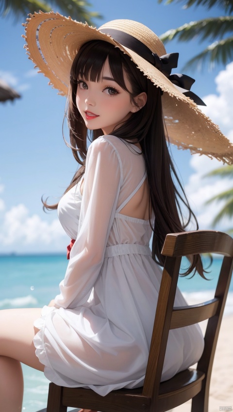  1girl, hat, long hair, solo, outdoors, black hair, dress, white dress, sun hat, looking at viewer, day, black eyes, chair, beach, ocean, blurry, smile, parted lips, dutch angle, straw hat, lipstick, bangs, standing, from side, makeup, water, scenery, sky, teeth, red lips, lips, brown eyes, blurry background, holding, depth of field, sitting, realistic, looking to the side, long sleeves, railing, pale skin, looking back, shore, leaning forward, sundress, breasts, blunt bangs, see-through, brown hair, umbrella