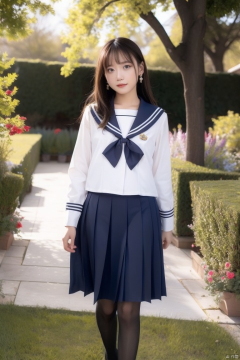  1girl, long hair, shirt, skirt, hair ornament,bangs, jewelry, earrings,cowboy shot,school uniform, red bowtie, bangs,sailor collar,blue sailor collar,black hair, white shirt, blue skirt, red bow, pleated skirt, pleated dress,long sleeves, look at viewer,outdoors, (Sunny Day, Walking in the Garden), (masterpiece, best quality),