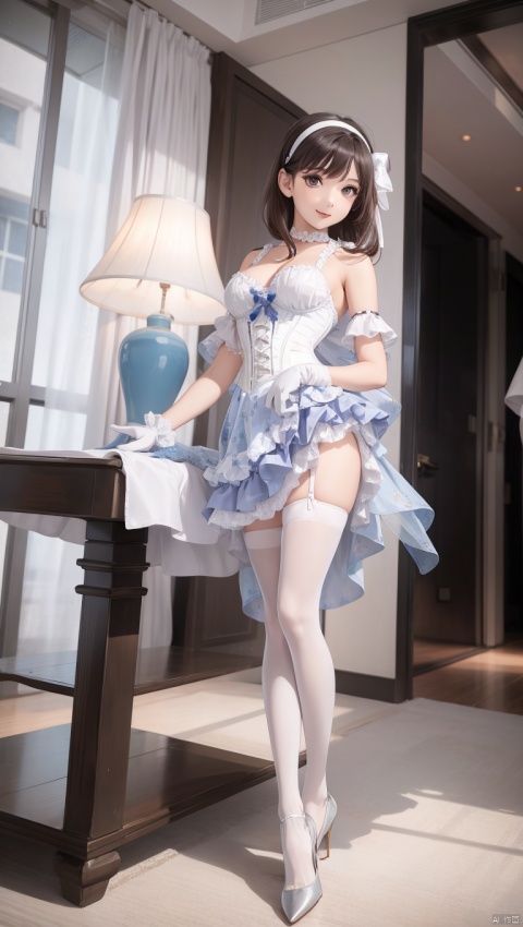  1girl, solo, sakuma mayu, brown hair, gloves, hairband, dress, blue eyes, ribbon, looking at viewer, choker, smile, thighhighs,  print dress, chinese dress,full body, bow, bare shoulders, detached sleeves, curtains, short hair, pantyhose, white gloves, frills, lips, artist name, standing, puffy detached sleeves, wooden floor, hair ornament, long hair, shoes, red footwear, pink footwear, bangs, high heels, tutu, breasts, white dress, white pantyhose, white thighhighs, medium hair, signature, hair bow, puffy sleeves, red ribbon, ballet slippers, see-through, corset, watermark, heart, ballerina, hair ribbon, skirt, blunt bangs, indoors, white background