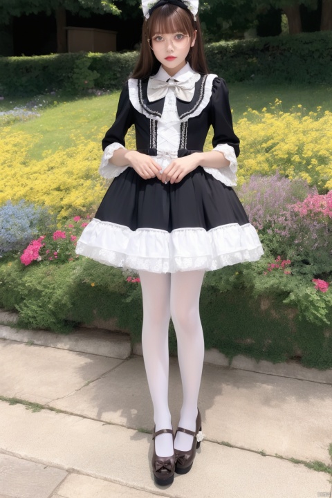 1girl,solo,look at viewer, dress,(lolanse_style dress), standing, pantyhose, long hair, white footwear, brown hair, shoes, full body, glasses, box, hair ornament, high heels, black hair, flower, bow, lolita fashion, white pantyhose, platform footwear, see-through, ribbon, outdoors