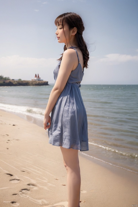 girl, solo, barefoot, long hair, beach, realistic, brown hair, ocean, day, sand, outdoors, lips, water, sky, legs, from side, feet, closed eyes, dress, standing,