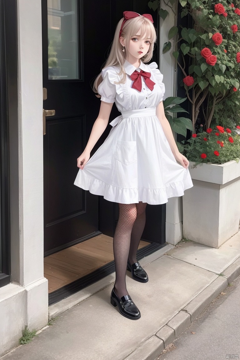  1girl,office lady,dress, thighhighs, walking, long white hair, flower, rose, black footwear, bow, red bow, earrings, bangs, the upper body, looking at viewer, outdoors, red eyes, red flower, long hair, vase, frills, white rose, full body, apron, plant, puffy short sleeves, lace-trimmed legwear,over-kneehighs, fishnet,sunlight