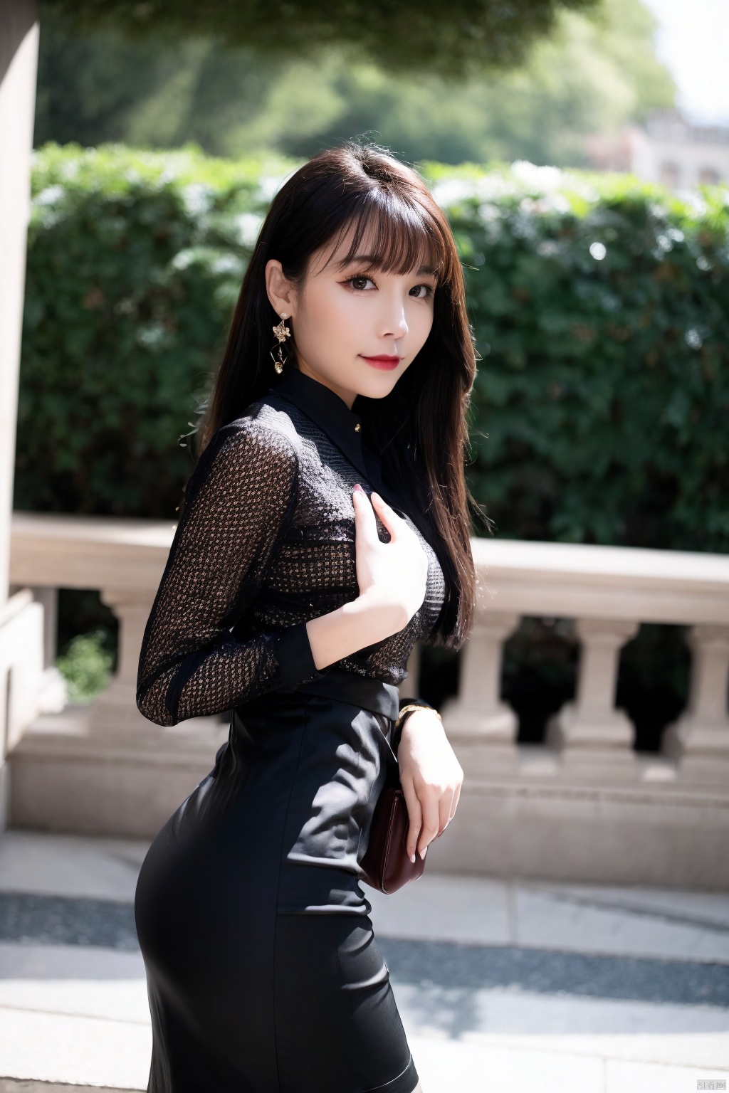 1girl, solo, bag, long hair, handbag, looking at viewer, brown hair, dress, earrings, jewelry, red lips, lips, bangs, from side, outdoors, long sleeves, holding, lipstick, black dress, makeup, breasts, skirt, blurry background, blurry, standing, smile, see-through, black hair, holding bag, black skirt, medium breasts, brown eyes, blunt bangs, closed mouth, pantyhose, shirt, looking to the side, black eyes, realistic, hoop earrings, day, black bag, pencil skirt, cowboy shot, 
