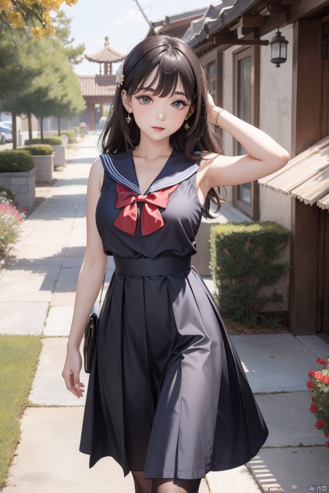  1girl, qqbosha,makeup,good face,long hair, shirt, dress, hair ornament,bangs, jewelry, earrings,bare shoulders,cowboy shot, red bowtie, bangs,sailor collar,blue sailor collar,black hair, white shirt, blue skirt, red bow, pleated dress,chinese dress,sleeveless, look at viewer,outdoors, (Sunny Day, Walking in the Garden), (masterpiece, best quality),