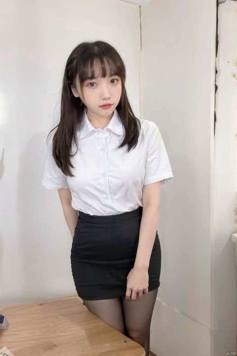 1girl, solo, skirt, realistic, black hair, shirt, pantyhose, looking at viewer, white shirt, office, long hair, chair, indoors, black skirt, pencil skirt, holding, book, office lady, bangs, standing, short sleeves, office chair, black eyes, brown eyes, black pantyhose, parted lips, table, desk, web address, lips, shirt tucked in, door, brown hair, collared shirt ,
