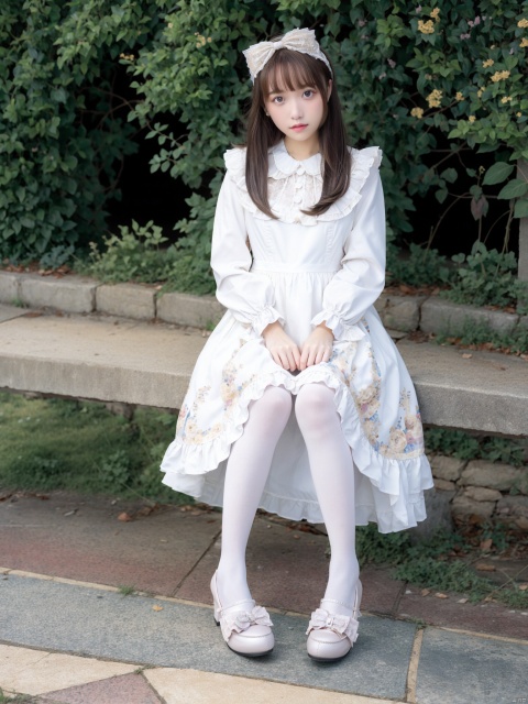  1girl,looking_at_viewer,lolanse,dress,lolanse_style dress,sitting, pantyhose, long hair, white footwear, brown hair, shoes, full body, outdoors,glasses, box, high heels, black hair,lolita fashion, hair flower, white pantyhose, frills, bangs, platform footwear, blush, cardboard box, bag, see-through, ribbon, long sleeves,