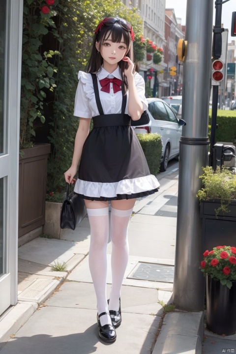  1girl,office lady,dress, thighhighs, walking, long white hair, flower, rose, black footwear, bow, red bow, earrings, bangs, the upper body, looking at viewer, outdoors, red eyes, red flower, long hair, vase, frills, white rose, full body, apron, plant, puffy short sleeves, lace-trimmed legwear,over-kneehighs, fishnet,sunlight