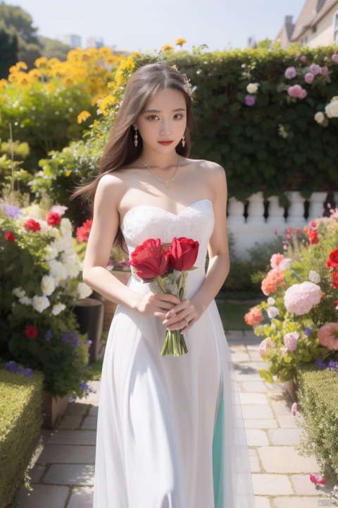  1 girl,flower, dress, jewelry, earrings, long hair, brown hair, green dress, wedding dress, red flower, veil, rose, bare shoulders, holding bouquet, (Sunny Day, Walking in the Garden),looking at viewer