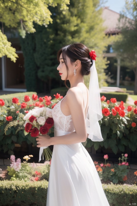 1 girl, bouquet, flower, dress, jewelry, earrings, long hair, brown hair, green dress, wedding dress, red flower, veil, rose, bare shoulders, holding bouquet, white rose, profile, sleeveless dress,standing, hair bow, bridal veil, bride, sleeveless, bow, ribbon, black hair, red lips, hair ribbon, lips, breasts, cowboy shot, half updo, hand on own face, (Sunny Day, Walking in the Garden), 