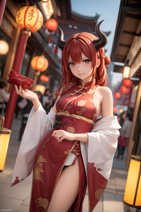  lbbd,ragon,red,anger,angry,horns,tail,dragon tail,red hair,dragon horns,standing,smile, chinese, dofas,chinese new year