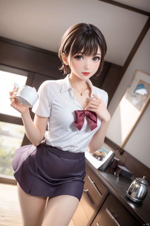  1girl, solo, cup, brown hair, realistic, skirt, looking at viewer, indoors, brown eyes, short hair, teacup, jewelry, table, instrument, holding, smile, necklace, holding cup, teapot, red lips, short sleeves, lips, standing, makeup, lipstick, bangs, drum ,