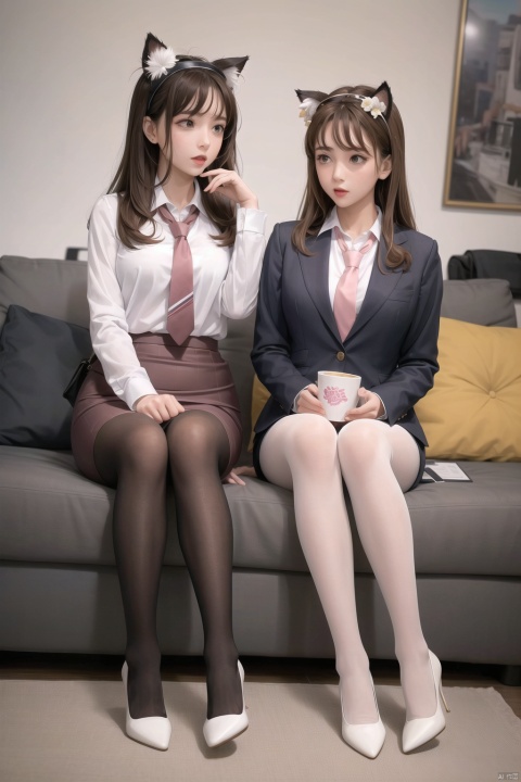  2girls, multiple girls, high heels, brown hair, necktie, sitting, skirt, pantyhose, fake animal ears, shirt, couch, long hair, animal ears, cup, realistic, indoors, office lady, jacket, flower, white footwear, hair flower, pencil skirt, formal, suit, hairband, white shirt, legs, pillow, holding, bag, blurry, collared shirt, cat ears, skirt suit, hair ornament, pink skirt ,