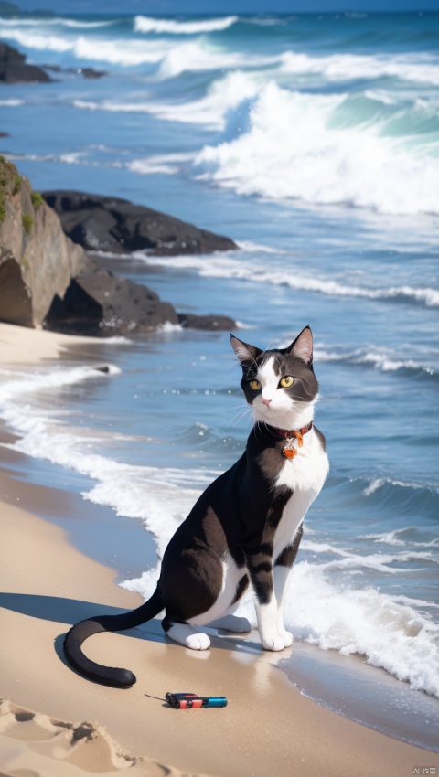 a cat, (abdomentattoo),beach, ocean, blurry, 