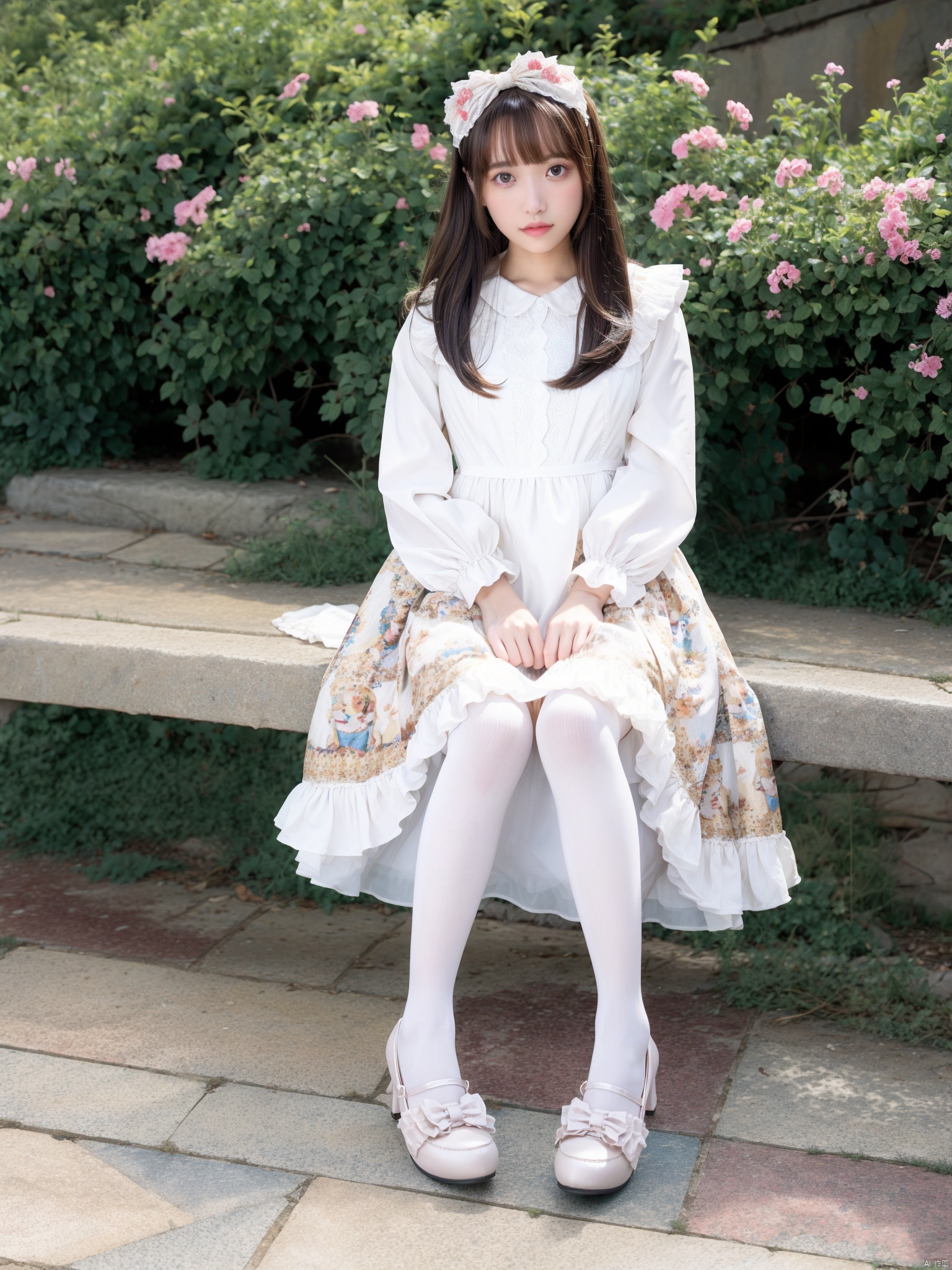  1girl,looking_at_viewer,lolanse,dress,lolanse_style dress,sitting, pantyhose, long hair, white footwear, brown hair, shoes, full body, outdoors,glasses, box, high heels, black hair,lolita fashion, hair flower, white pantyhose, frills, bangs, platform footwear, blush, cardboard box, bag, see-through, ribbon, long sleeves,