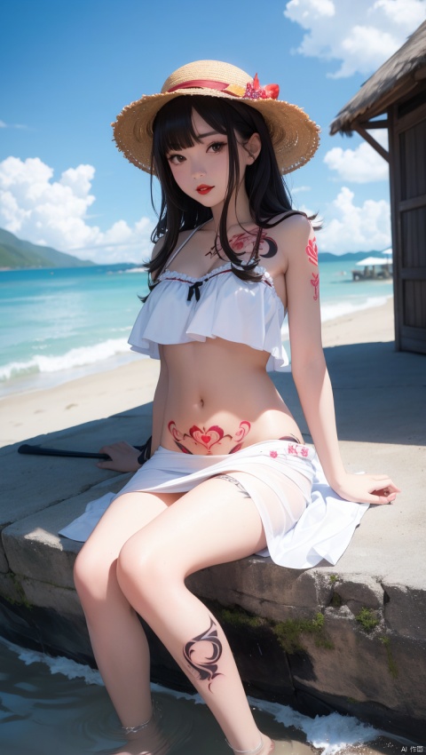  1girl,hat, long hair, solo,outdoors, black hair, dress, white dress, sun hat, looking at viewer, day, black eyes, chair,transparent dress revealing tattoos beneath,(abdomentattoo4,abdomen tattoo:1.6),beach, ocean, blurry, parted lips, dutch angle, straw hat, lipstick, bangs, makeup, water, scenery, sky, red lips, brown eyes, blurry background, depth of field, sitting, realistic, sundress,blunt bangs, umbrella,