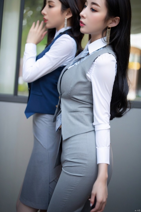 2 girls,  jewelry, long hair, earrings, skirt, black hair,office, vest,  shirt, suit,from side, lips, white shirt, blue eyes, makeup, long sleeves, standing, parted lips,lipstick, profile, grey vest, grey skirt, blurry, blue vest, skirt suit, good anatomy, good proportions, shapely body,
