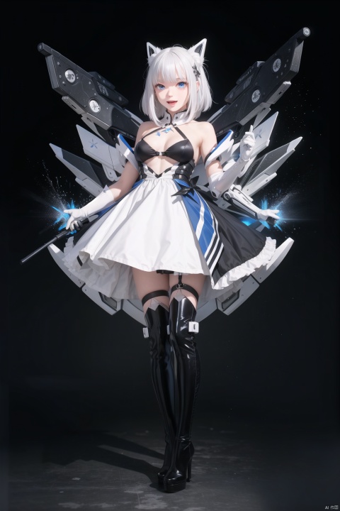  tianqijijijia, solo, 1girl, long hair, blue eyes, open mouth, gloves, smile, looking at viewer, bangs, full body, mecha musume, dress, high heels, white hair, boots, tattoo, thighhighs,breasts, elbow gloves, heart, bare shoulders, white dress, floating hair, high heel boots, thigh boots,
