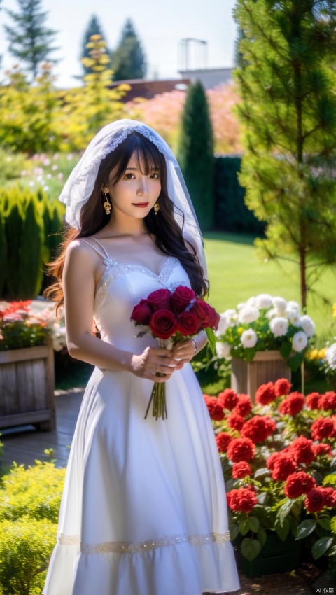  1 girl,.flower, dress, jewelry, earrings, long hair, brown hair, white dress, wedding dress, red flower, veil, rose, bare shoulders, holding bouquet, (Sunny Day, Walking in the Garden),looking at viewer,