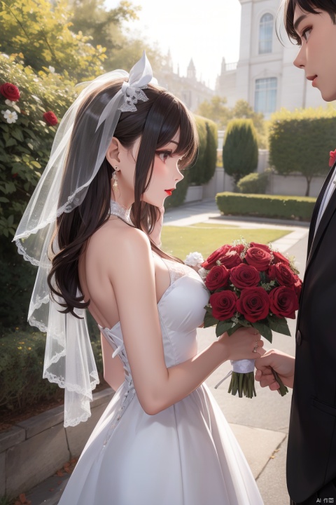  1boy,1girl,  bouquet, flower, dress, jewelry, earrings, long hair, brown hair, green dress, wedding dress, red flower, veil, rose, bare shoulders, holding bouquet, white rose, outdoors, profile, sleeveless dress, from behind,standing, hair bow, bridal veil, bride, sleeveless, bow, ribbon, black hair, red lips, from side, hair ribbon, lips, breasts, cowboy shot, half updo, hand on own face,sunlight,