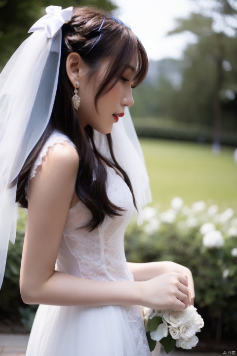 1girl, solo, bouquet, flower, dress, jewelry, earrings, long hair, brown hair, white dress, wedding dress, white flower, veil, rose,  bare shoulders, realistic, blurry, holding,blurry background, see-through, holding bouquet, from behind, white rose, outdoors, profile, sleeveless dress, standing, hair bow, bridal veil, bride, sleeveless, bow, ribbon, black hair, red lips, from side, hair ribbon, lips, breasts, cowboy shot, lipstick, half updo, hand on own face,