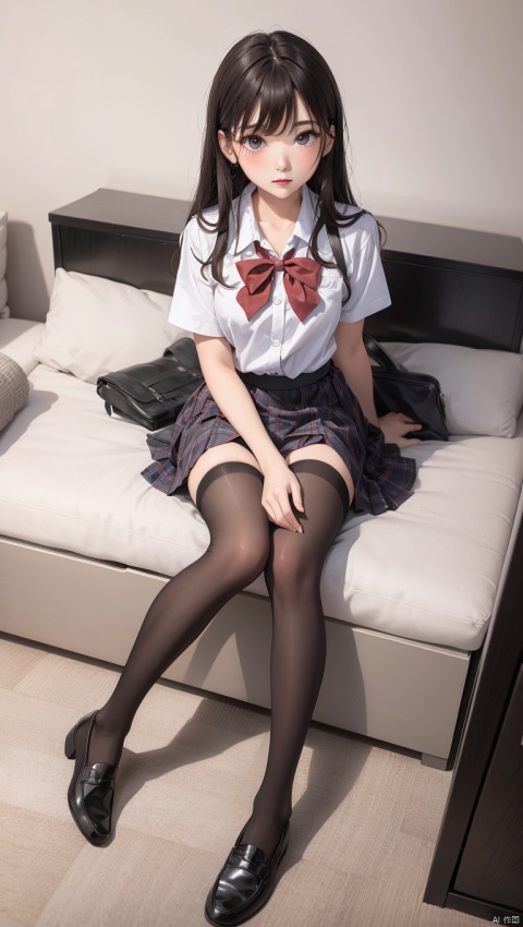  1girl,shirt, skirt, long hair, plaid, pantyhose,shoes, full body, long hair, white shirt, torn clothes, school uniform, plaid skirt, short sleeves, torn pantyhose, sitting, knees together feet apart, pleated skirt, black pantyhose, loafers,black footwear, bangs, drawer, red skirt, thighhighs, cleft of venus, black skirt, arm support,indoors,