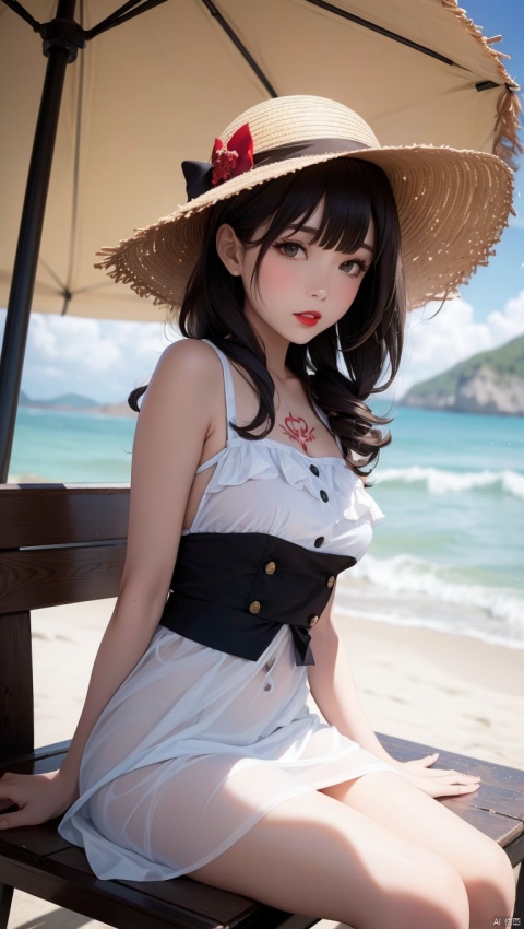  1girl,hat, long hair, solo,outdoors, black hair, dress, white dress, sun hat, looking at viewer, day, black eyes, chair,(tattoo covered see through dress hemline,abdomentattoo4,abdomen tattoo),beach, ocean, blurry, parted lips, dutch angle, straw hat, lipstick, bangs, makeup, water, scenery, sky, red lips, brown eyes, blurry background, depth of field, sitting, realistic, sundress,blunt bangs, umbrella,