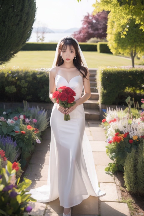  1 girl,named aki.flower, dress, jewelry, earrings, long hair, brown hair, green dress, wedding dress, red flower, veil, rose, bare shoulders, holding bouquet, (Sunny Day, Walking in the Garden),looking at viewer