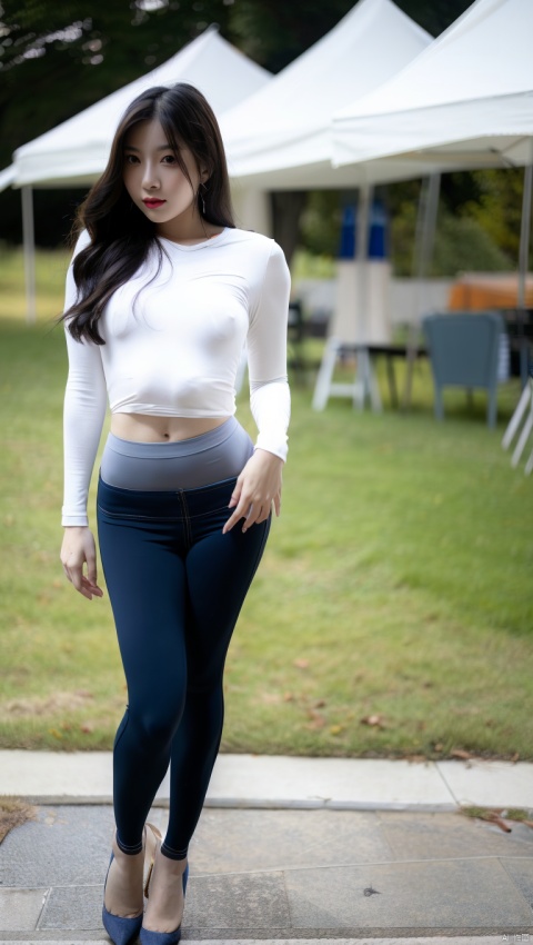  1girl,solo, black eyes, long hair, shirt, black hair, white shirt, jeans, pants,full body, outdoors,  lips, long sleeves, standing,blurry,  lipstick, blue pants, clothes lift, brown hair, shirt lift,blurry background,shoes,underwear,looking at viewer,