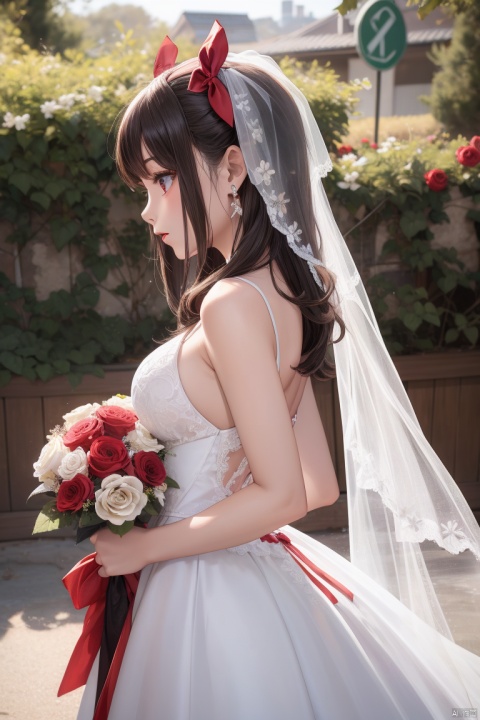  1boy,1girl,  bouquet, flower, dress, jewelry, earrings, long hair, brown hair, green dress, wedding dress, red flower, veil, rose, bare shoulders, holding bouquet, white rose, outdoors, profile, sleeveless dress, from behind,standing, hair bow, bridal veil, bride, sleeveless, bow, ribbon, black hair, red lips, from side, hair ribbon, lips, breasts, cowboy shot, half updo, hand on own face,sunlight,