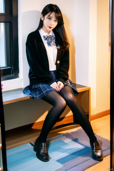  1girl, 30 years old, solo, skirt,jkkaishan_style skirt, curtains, pantyhose, mirror, plaid, brown hair, sitting, holding flower, plaid skirt, indoors, long hair, black footwear, shoes, loafers, flower, long sleeves, black pantyhose, blue skirt, black cardigan, cardigan, school uniform, knees together feet apart, bow, vase, cabinet, bowtie, chest of drawers, full body, shirt, wooden floor, pleated skirt, drawer, windowsill, window, pink nails, hand up, sleeves past wrists, pink flower, bangs, carpet, blue bowtie, reflection, black jacket, white shirt, between legs, jacket, brown eyes, cosmetics, collared shirt, blue bow, hand between legs, rug, miniskirt, plaid bow, pigeon-toed, plant, black bowtie, looking at viewer, potted plant, desk, lipstick tube, looking at viewer, plaid bowtie, hand on lap, table, black bow, sweater, pink rose, checkered clothes,