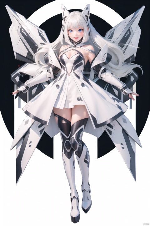  tianqijijijia, solo, 1girl, long hair, blue eyes, open mouth, gloves, smile, looking at viewer, bangs, full body, mecha musume, dress, high heels, white hair, boots, tattoo, thighhighs,breasts, elbow gloves, heart, bare shoulders, white dress, floating hair, high heel boots, thigh boots, inksketch