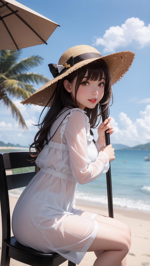  1girl, hat, long hair, solo, outdoors, black hair, dress, white dress, sun hat, looking at viewer, day, black eyes, chair, beach, ocean, blurry, smile, parted lips, dutch angle, straw hat, lipstick, bangs, standing, from side, makeup, water, scenery, sky, teeth, red lips, lips, brown eyes, blurry background, holding, depth of field, sitting, realistic, looking to the side, long sleeves, railing, pale skin, looking back, shore, leaning forward, sundress, breasts, blunt bangs, see-through, brown hair, umbrella