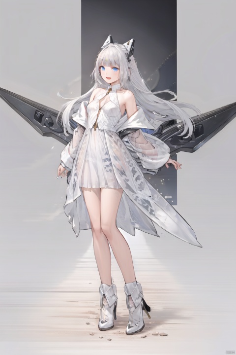  girl, long hair, blue eyes, open mouth, smile, looking at viewer, bangs, full body, mecha musume, dress, high heels, white hair, boots, bare shoulders, white dress, floating hair, high heel boots,