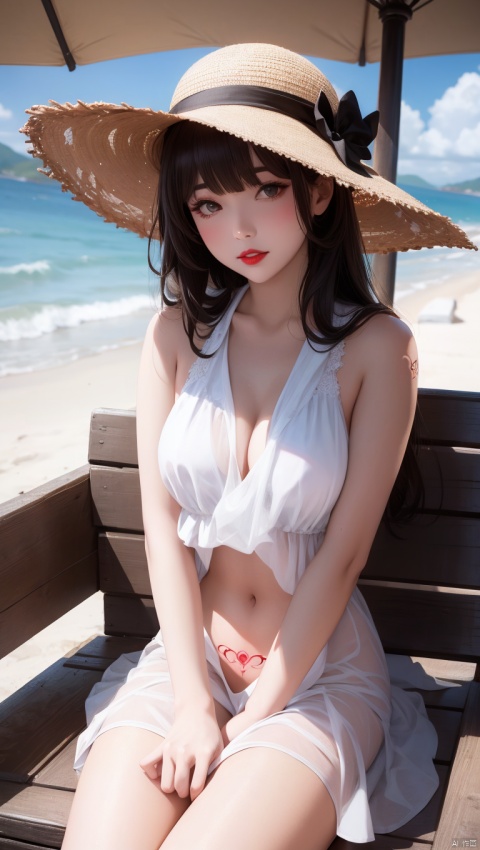  1girl,hat, long hair, solo,outdoors, black hair, dress, white dress, sun hat, looking at viewer, day, black eyes, chair,transparent dress revealing tattoos beneath,(abdomentattoo4,abdomen tattoo:1.2),beach, ocean, blurry, parted lips, dutch angle, straw hat, lipstick, bangs, makeup, water, scenery, sky, red lips, brown eyes, blurry background, depth of field, sitting, realistic, sundress,blunt bangs, umbrella,