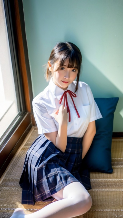  1girl,white pantyhose, pantyhose, brown hair, skirt, sitting, brown eyes, looking at viewer, school uniform, shirt, white shirt, ribbon, red ribbon, indoors, plaid skirt, bed, neck ribbon, short hair, plaid, bangs, on bed, no shoes, smile, arm support, blue skirt, short sleeves, lips,window, pleated skirt, closed mouth, shirt tucked in, yokozuwari, pillow, collared shirt, bed sheet,  head tilt, blunt bangs, realistic, ponytail, full body, leaning to the side, day, legs, bedroom, from above, sunlight, nose, feet, red lips, dated, dress shirt, see-through, medium hair, long hair, breasts, black eyes,  sidelocks, pink lips, curtains, high-waist skirt, blue eyes,  blush