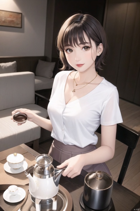  1girl, solo, cup, brown hair, realistic, skirt, looking at viewer, indoors, brown eyes, short hair, teacup, jewelry, table, instrument, holding, smile, necklace, holding cup, teapot, red lips, short sleeves, lips, standing, makeup, lipstick, bangs, drum ,