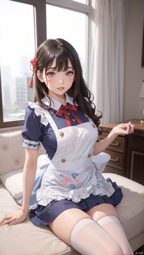  1girl, long wavy hair, blue eyes, thighhighs, looking at viewer, white thighhighs, sitting, bow, , dress, cherry, hair bow, blush, food, lips, apron, indoors, bangs, print dress, chinese dress,short sleevesblue dress, parted lips, facial mark, short hair, lace, smile, frills,holding, flower,skirt, , puffy short sleeves, ribbon, lace trim