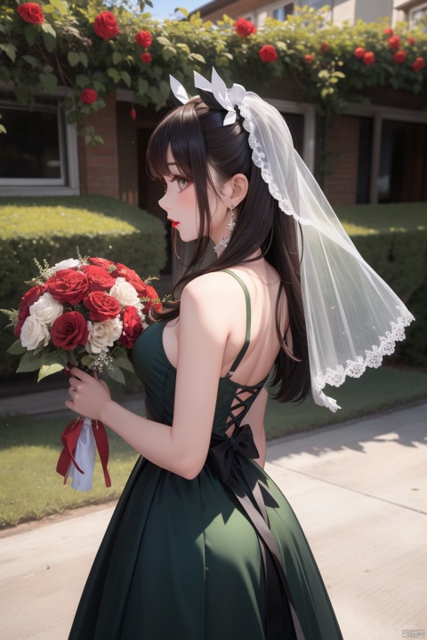  1girl,  bouquet, flower, dress, jewelry, earrings, long hair, brown hair, green dress, wedding dress, red flower, veil, rose, bare shoulders, holding bouquet, white rose, outdoors, profile, sleeveless dress, from behind,standing, hair bow, bridal veil, bride, sleeveless, bow, ribbon, black hair, red lips, from side, hair ribbon, lips, breasts, cowboy shot, half updo, hand on own face,sunlight,