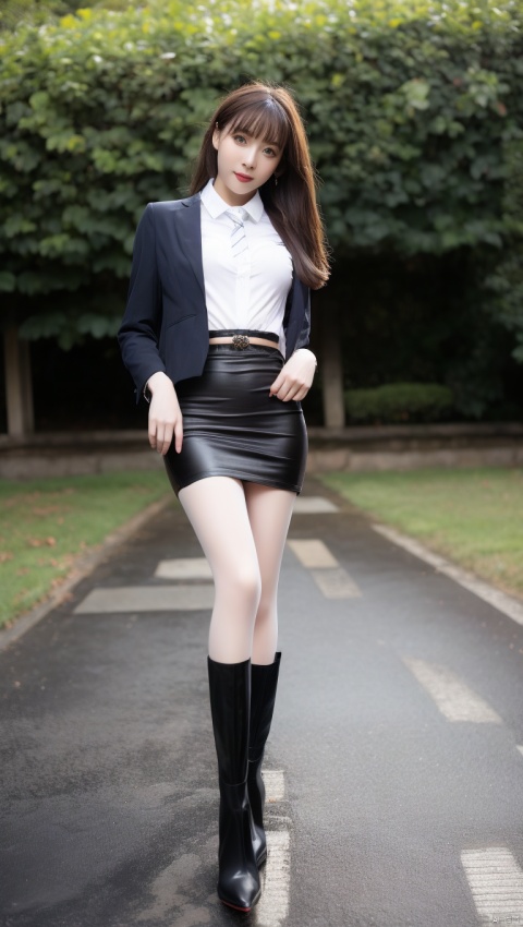  1girl, jacket, skirt, solo, necktie, brown hair, white shirt, shirt, long hair, boots, pantyhose, black skirt, black jacket, black necktie, brown eyes, black footwear, collared shirt, crop top, pencil skirt, outdoors, looking at viewer, knee boots, midriff, full body, open jacket, standing, crossed legs, long sleeves, blurry background, blurry, open clothes, lips, red lips, bangs, smile, head tilt, parted lips, brown jacket, cropped jacket, leather jacket, tree, chain, breasts, shirt tucked in, miniskirt, grey pantyhose, lipstick, walking, leather, belt, high-waist skirt, bush, road, shadow, uniform, realistic, high heels,sunlight