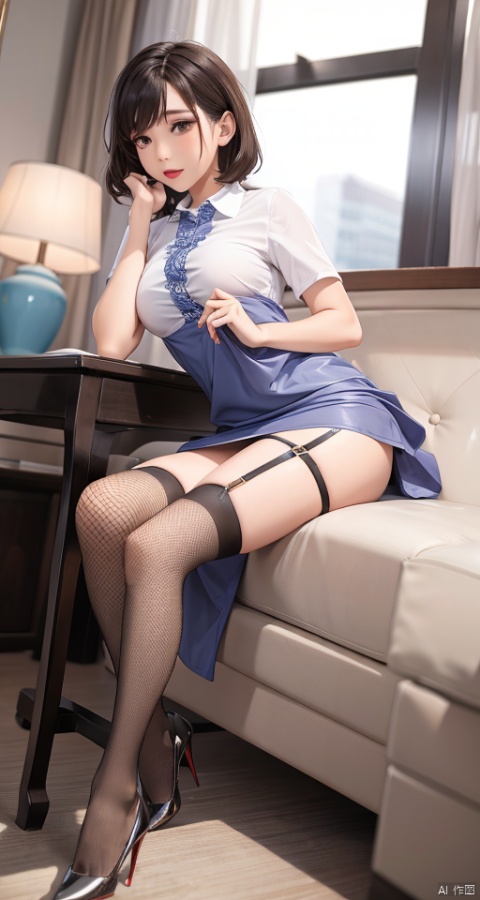  1girl,short wavy hair,lips,shirt,dress,stockings,parted_lips,bangs,Wearing collar shirt,dress,(lolanse style dress),fishnet stockings,