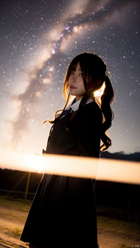 1girl, solo,twin tails, heterochromia, hair over one eye,,brown hair,  outdoors,frills,bangs,long sleeves,see-through,looking_at_viewer,long hair,ribbon,wavy hair, night,(silhouette:1.5),starry sky,stars,cave,school uniforms 