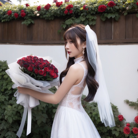  1girl, (look at viewer), bouquet, flower, dress, jewelry, earrings, long hair, brown hair, red dress, wedding dress, red flower, veil, rose, bare shoulders, holding bouquet, white rose, outdoors, profile, sleeveless dress, standing, hair bow, bridal veil, bride, sleeveless, bow, ribbon, black hair, red lips, from side, hair ribbon, lips, breasts, cowboy shot, half updo, hand on own face,sunlight,